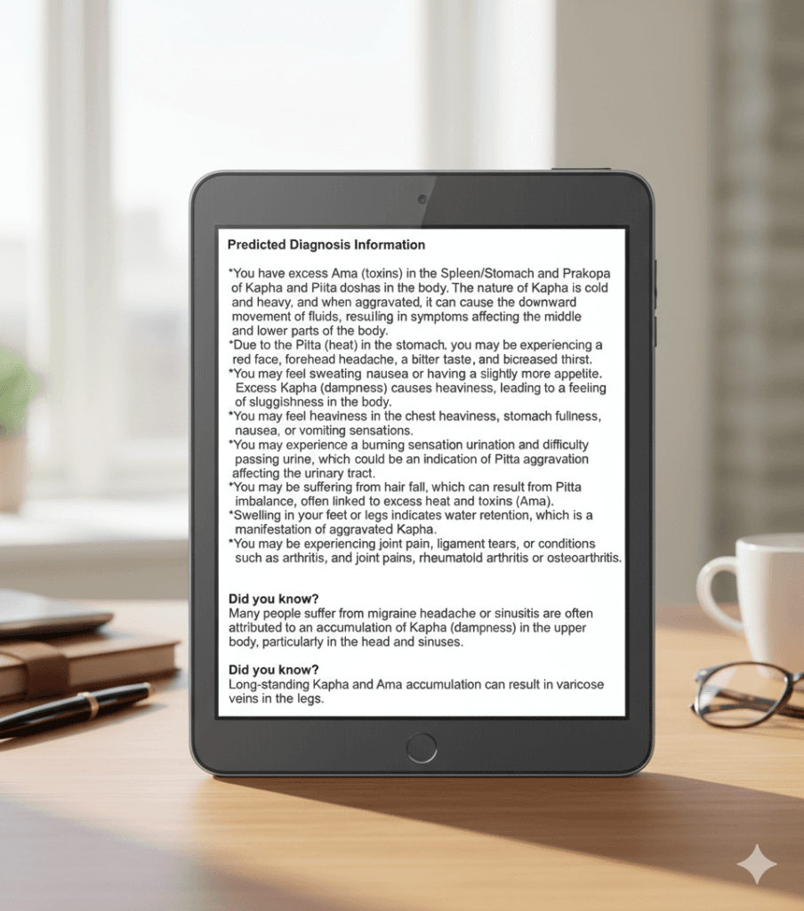 Tablet screen displaying AI-generated Ayurvedic diagnosis insights detailing dosha imbalances, symptoms, and predicted health conditions in a clinical workspace setting.