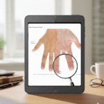 Tablet displaying Sujok acupuncture hand points with highlighted treatment areas, shown through a magnifying glass for precise point identification.