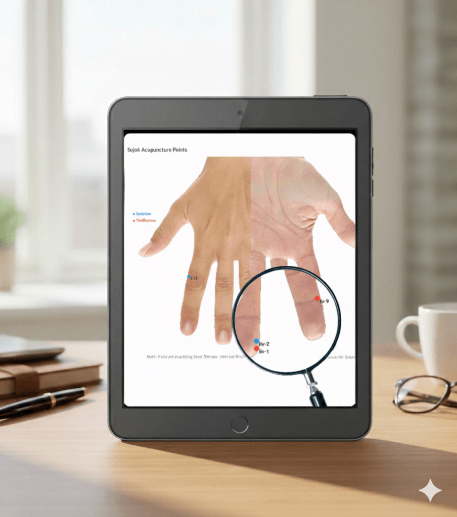 Tablet displaying Sujok acupuncture hand points with highlighted treatment areas, shown through a magnifying glass for precise point identification.