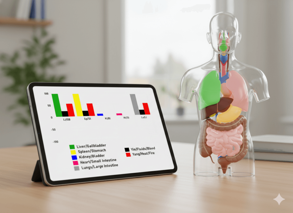 Tablet displaying AI health analysis charts beside a transparent human anatomy model showing internal organs for holistic and Ayurvedic diagnostic insights.