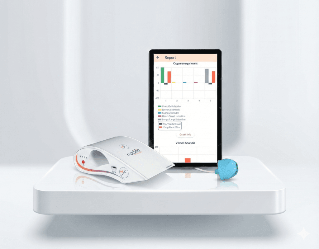Nadifit-Neol wireless Nadi Pariksha pulse diagnosis device with tablet dashboard showing AI-based pulse analysis for Ayurvedic health assessment