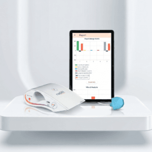 Nadifit-Neol wireless Nadi Pariksha pulse diagnosis device with tablet dashboard showing AI-based pulse analysis for Ayurvedic health assessment