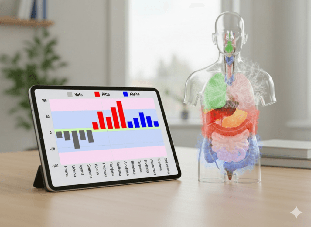 AI-based Ayurvedic health analysis showing dosha balance chart on a tablet alongside a transparent human organ model for holistic diagnosis.