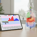 AI-based Ayurvedic health analysis showing dosha balance chart on a tablet alongside a transparent human organ model for holistic diagnosis.