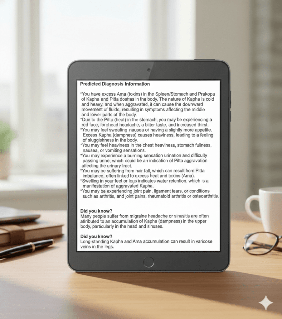 Tablet showing AI-generated Ayurvedic diagnosis report highlighting Ama accumulation, Kapha and Pitta imbalance, and predicted health symptoms.