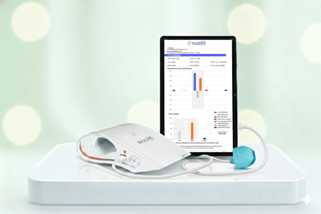 Nadifit-Neol wireless Nadi Pariksha pulse diagnosis device with tablet dashboard showing AI-based pulse analysis for Ayurvedic health assessment