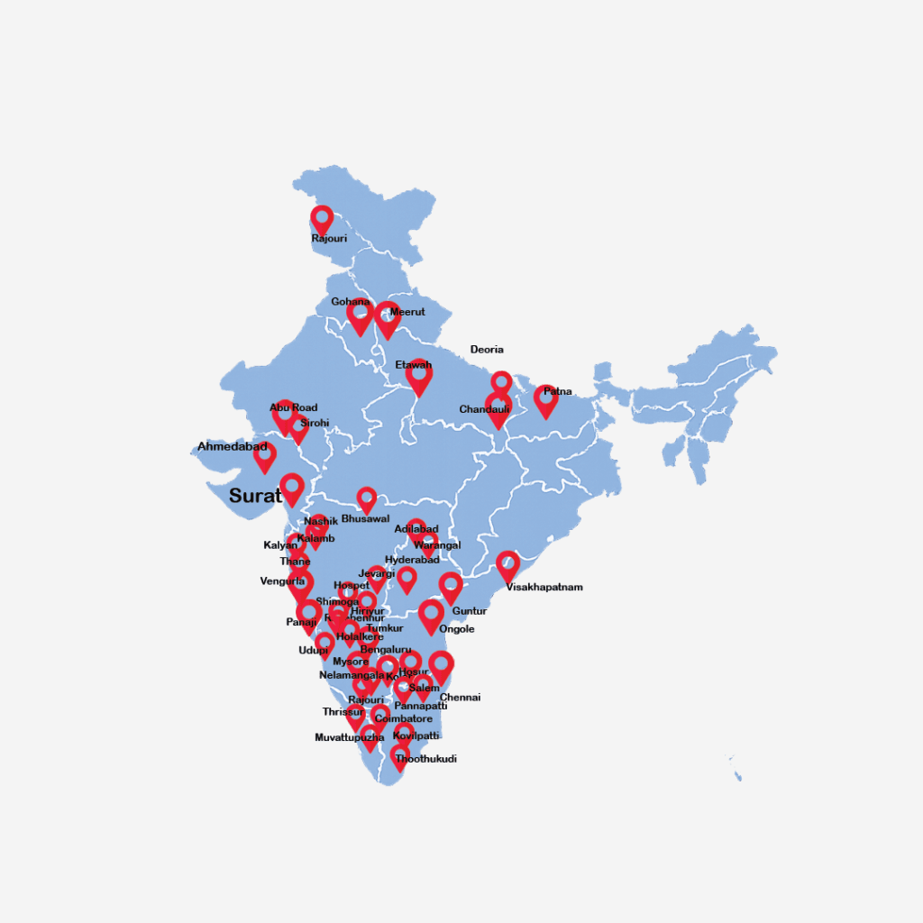 Map of India showing Nadifit presence across multiple cities and regions, highlighting nationwide availability of AI-based Nadi Pariksha and wellness services