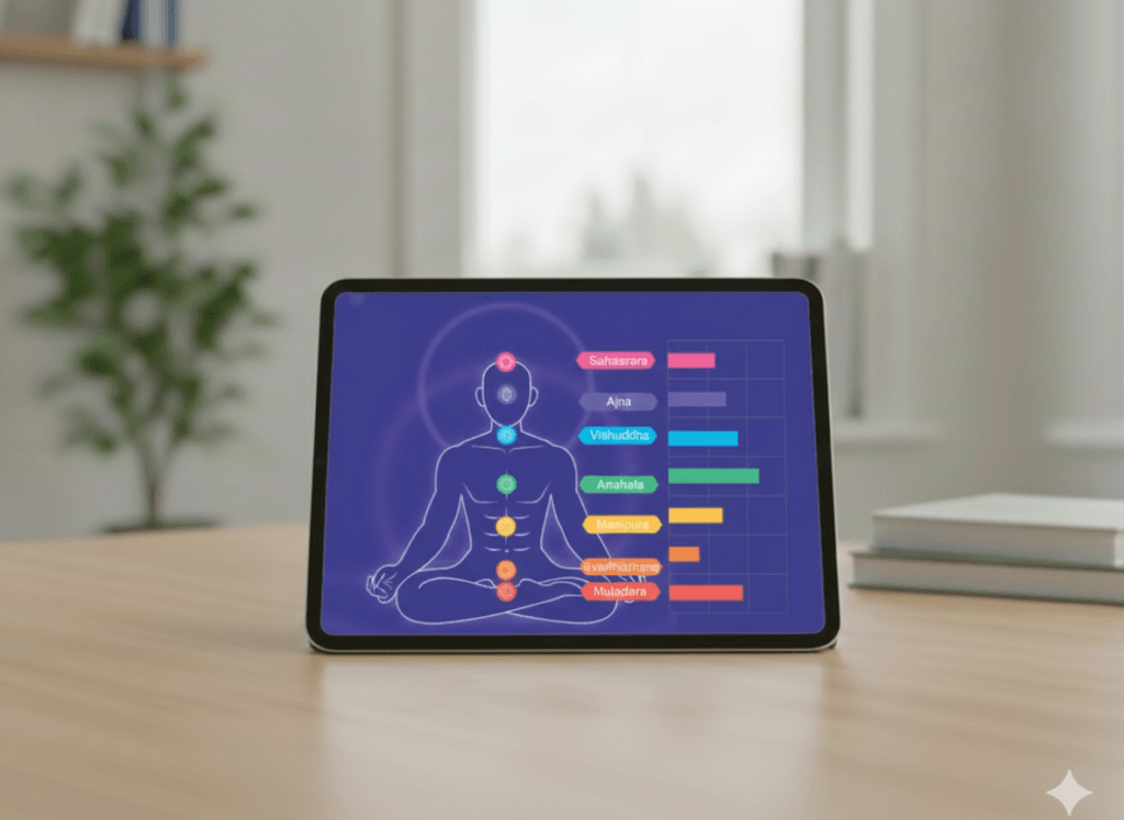 Tablet displaying chakra balance analysis with Sahasrara to Muladhara energy levels in an AI-based holistic health assessment system.