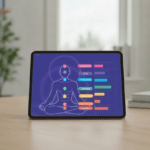 Tablet displaying chakra balance analysis with Sahasrara to Muladhara energy levels in an AI-based holistic health assessment system.