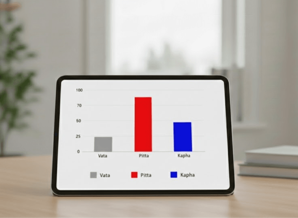 Tablet displaying Dosha balance chart with Vata, Pitta, and Kapha levels in an AI-based Ayurvedic health analysis.