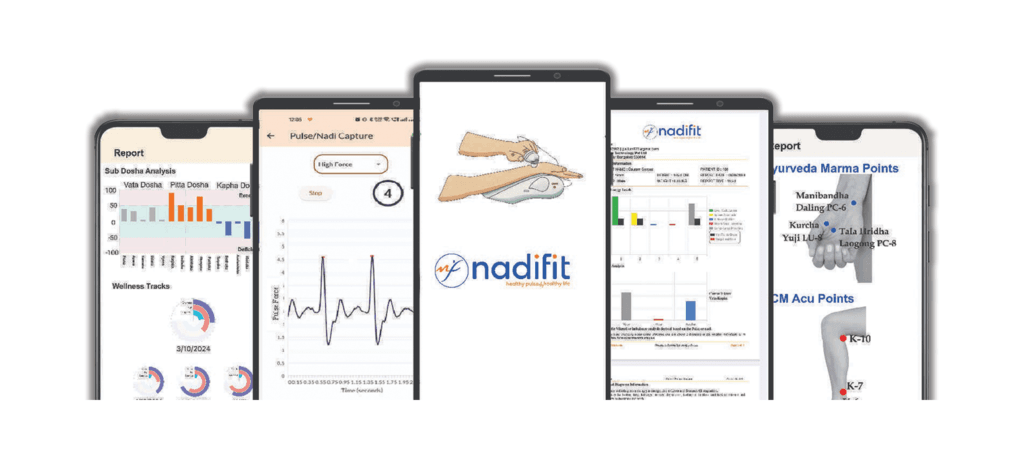Nadifit AI Nadi Pariksha app showing pulse capture, dosha analysis, and Ayurvedic health reports on mobile screens