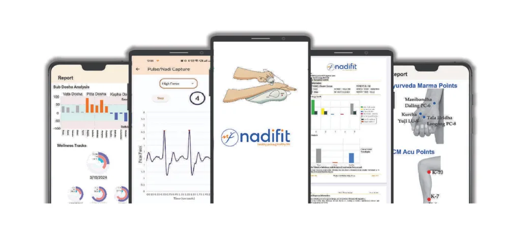 Nadifit AI Nadi Pariksha app showing pulse capture, dosha analysis, and Ayurvedic health reports on mobile screens