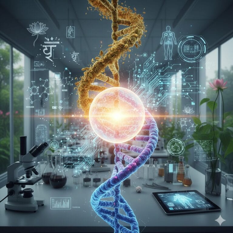 Visualization of DNA helix combined with digital circuits and Ayurvedic symbols, representing the fusion of ancient wisdom and advanced AI-driven healthcare technology