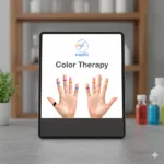 Tablet displaying Nadifit color therapy interface with hand diagrams showing colored finger bands used for holistic and Ayurvedic healing practices.