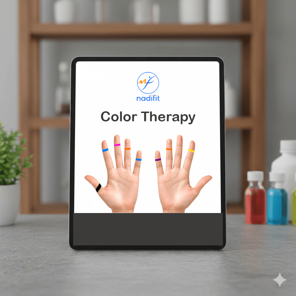 Tablet displaying Nadifit color therapy interface with hand diagrams showing colored finger bands used for holistic and Ayurvedic healing practices.